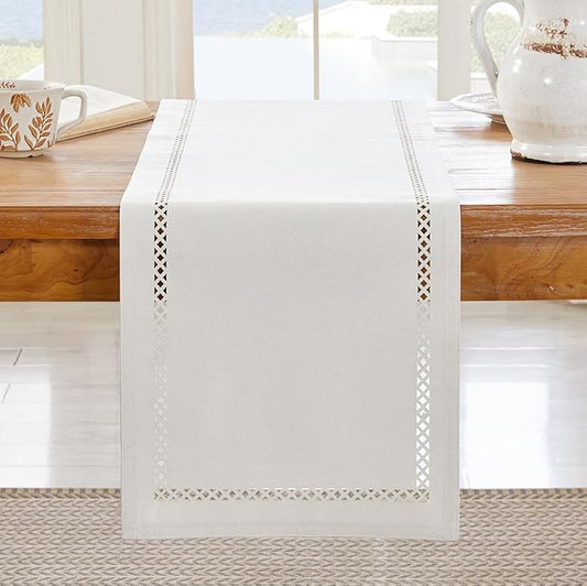 Burlap Style Farmhouse Table Runner, 13 x 60 Inch Off White, Rustic Geometric Hollow Table Runners 60 Inches Long for Dresser Table Everyday Use, 13x60 Inches, Off White