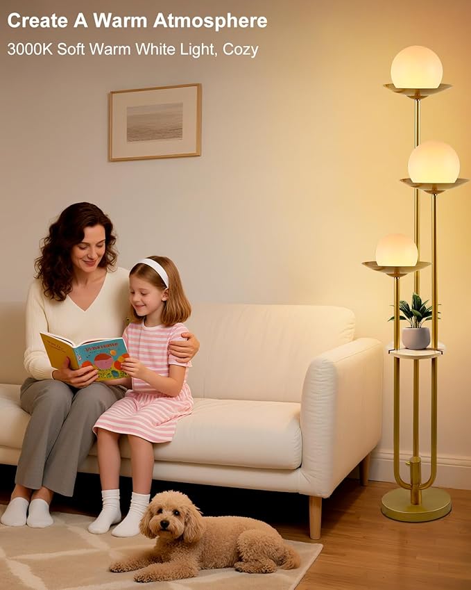 Lightdot 63IN Globe Floor Lamp with Shelf 3-Lights Modern Dimmable Floor Lamps with 3000K Soft Warm White Bulbs for Wedding/Party, Gold Tall Standing Lamp for Living Room/Bedroom