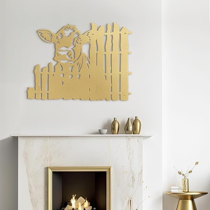 SIGNLEADER Metal Wall Art Decor Cows by the Fence Minimalist Modern Abstract Wall Sculpture Hangings Home Decoration for Living Room, Bedroom, Bathroom, Kitchen, Outdoor - 18" Gold