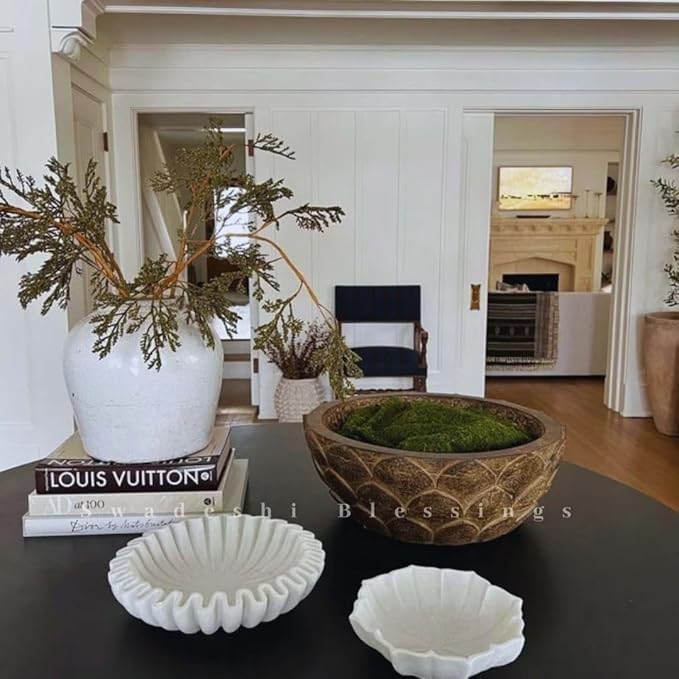 SWADESHI BLESSINGS HandCrafted Marble Lotus Bowl/Organic Modern Home Decor Bowl/Fruit Bowl/Vintage Ring Dish/Decorative Flower Dish/HouseWarming Gifts/Wedding Gifts/Urli (7 Inches)