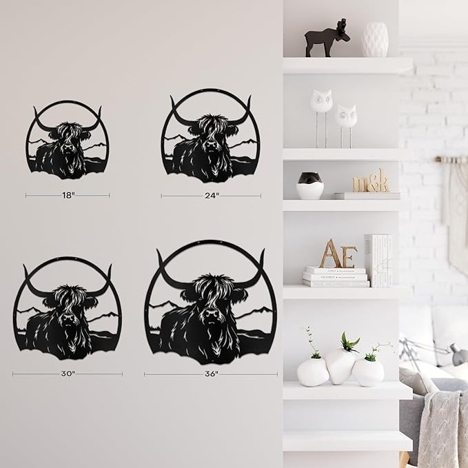 SIGNLEADER Metal Wall Art DecorHighland Cow with Mountain Minimalist Modern Abstract Wall Sculpture Hangings Home Decoration for Living Room, Bedroom, Bathroom, Kitchen, Outdoor - 18" Black