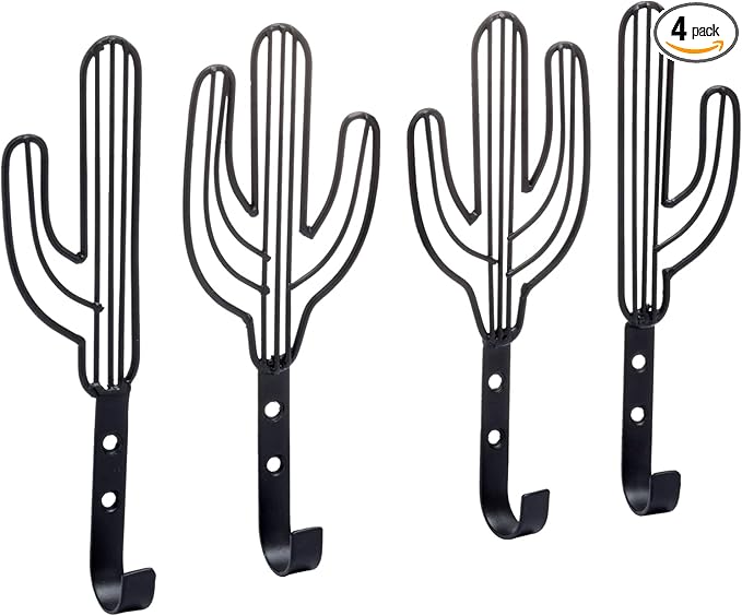 MyGift Wall Mounted Decorative Black Metal Entryway Coat Hooks Saguaro Cactus Shaped Hanging Novelty Hooks, Southwest Style Home Decor, Set of 4