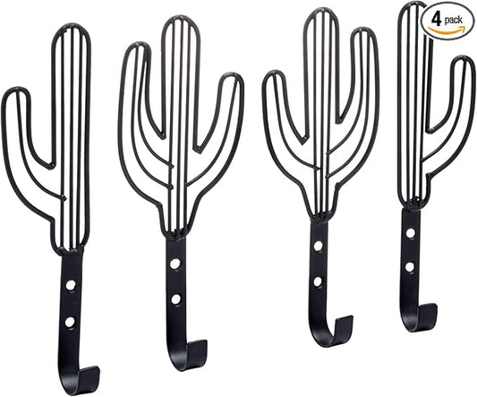 MyGift Wall Mounted Decorative Black Metal Entryway Coat Hooks Saguaro Cactus Shaped Hanging Novelty Hooks, Southwest Style Home Decor, Set of 4
