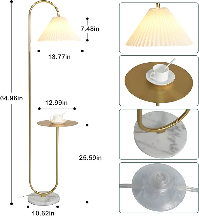 beaysyty Modern Elegant with Tray Floor Lamp for Office Cafe Den Living Room Bedroom, Foot Switch and Brass/Gold Finish,Light Yellow Pleated Cloth Lampshade