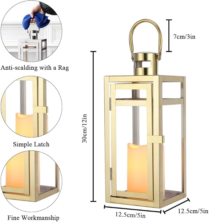 TRIROCKS Stainless Steel Decorative Lantern 12'' High Metal Candle Holder Outdoor Candle Lantern with Tempered Panels for Christmas Home Decor Living Room Parties Events Tabletop Indoor Outdoor (Gold)