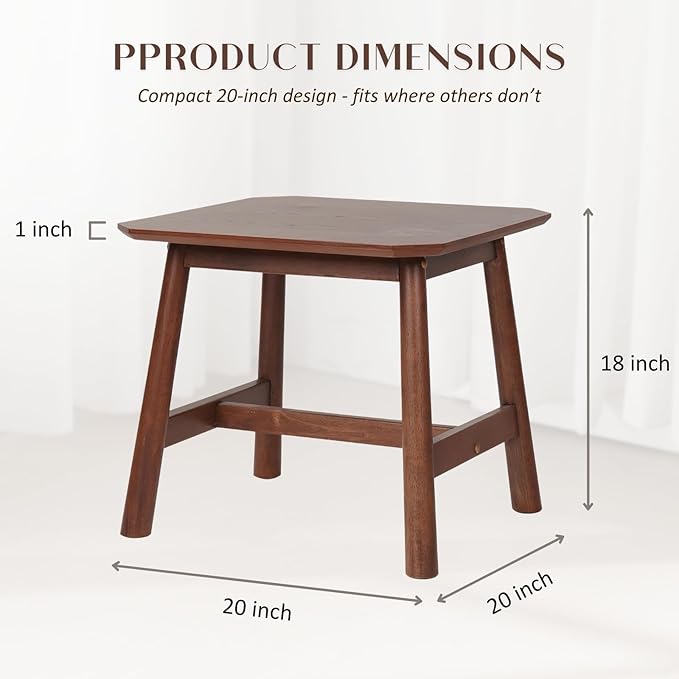 HEAH-YO 20" Square Side Table, Wood End Table for Small Space, Farmhouse Nightstand for Living Room Bedroom Dorm, 20" W x 20" D x 18" H, Walnut Finish