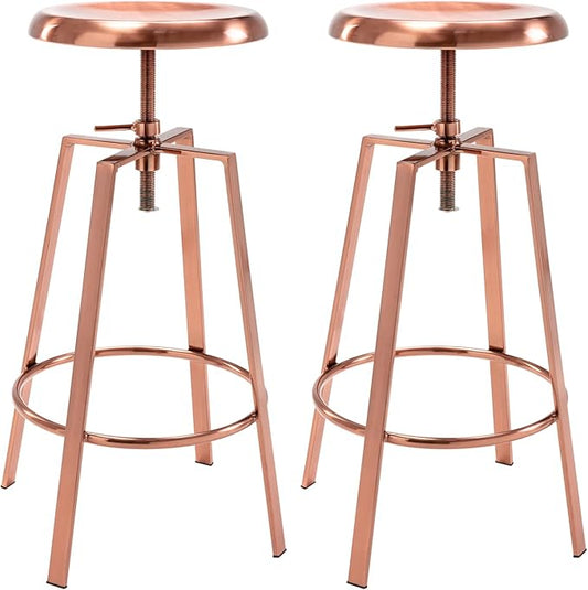 Brage Living Atlas Industrial Bar Stools Set of 2, Adjustable Swivel Four Legged Round Metal Barstools, Backless Counter Height Bar Chairs for Kitchen Dining (Rose Gold)