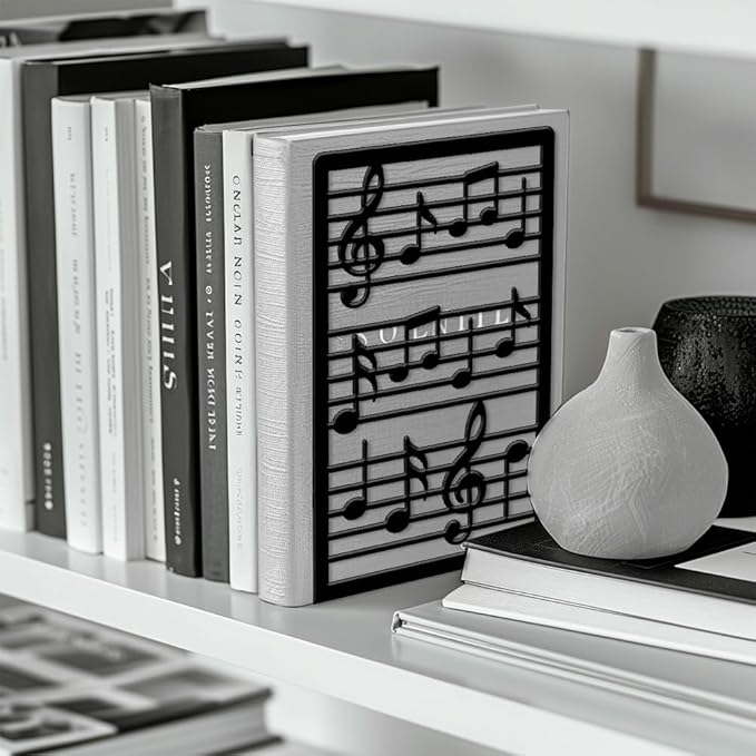 Peacoblue Metal Bookends for Shelves, Modern Decorative Heavy Duty Study Book Ends Stoppers for Office, Desk, Shelf, Room 5.3"x4.3"x7.9" Cast Iron Simple Tall Bookends 1 Pair (Music Notes and Staves)