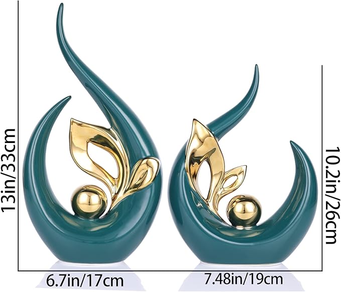DOVDOV Green Office Decorative Ceramic Statue Set of 2, Dining Room Table Decorations, Green Modern Home Decor for Living Room, Console, Desk Center, Entrance Table Decorations