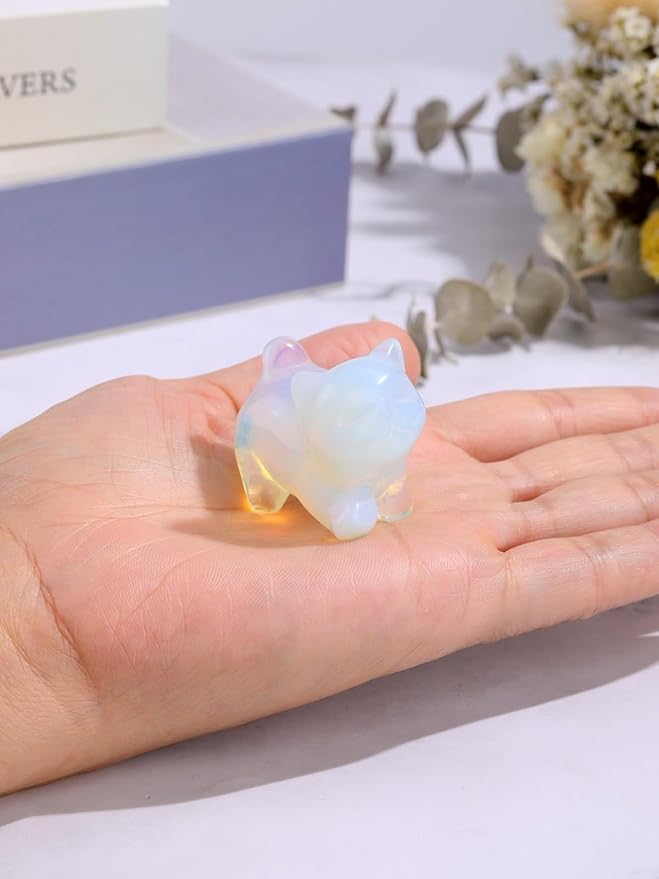 Jovivi Opalite Crystal Cat Statue Home Decor Carved Gemstone Cats Figurine Collectibles Pocket Sculpture Pet Memorial Decorative Ornament Gift for Cat Lovers