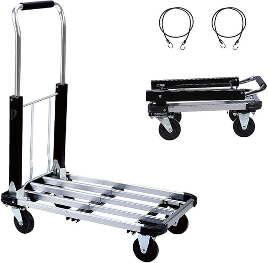 LEADALLWAY Foldable Push Cart Aluminum Alloy Platform Cart with 4-Wheel,Adjustable Length,330-LB Capacity(with 2 Ropes)