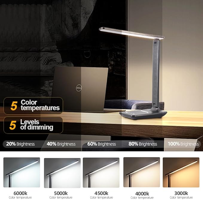 LED Desk Lamp for Home Office, USB Charging Port, Dimmable Table Lamp, Foldable Table lamp, Touch Control, 5 Lighting Modes, University Dormitory Eye Protection Learning Reading Lamp
