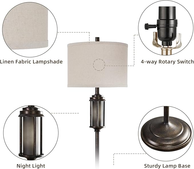 AIEAMPDO 65'' Farmhouse Floor Lamp for Living Room with 2 Light Sources, Vintage Tall Standing Lamp with Frosted Acrylic Nightlight, Rustic Floor Light for Bedroom Office Corner, Bulbs Included