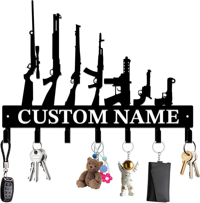 Personalized Custom Name Gun Wall Hooks,Metal Gun Room Art Clothes Hooks,Metal Gun Wall Home Storage Decorative,For Front Door, Hallway, Kitchen, Bedroom,Keys,Hats (Style G)