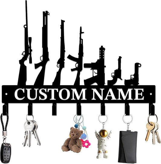 Personalized Custom Name Gun Wall Hooks,Metal Gun Room Art Clothes Hooks,Metal Gun Wall Home Storage Decorative,For Front Door, Hallway, Kitchen, Bedroom,Keys,Hats (Style G)