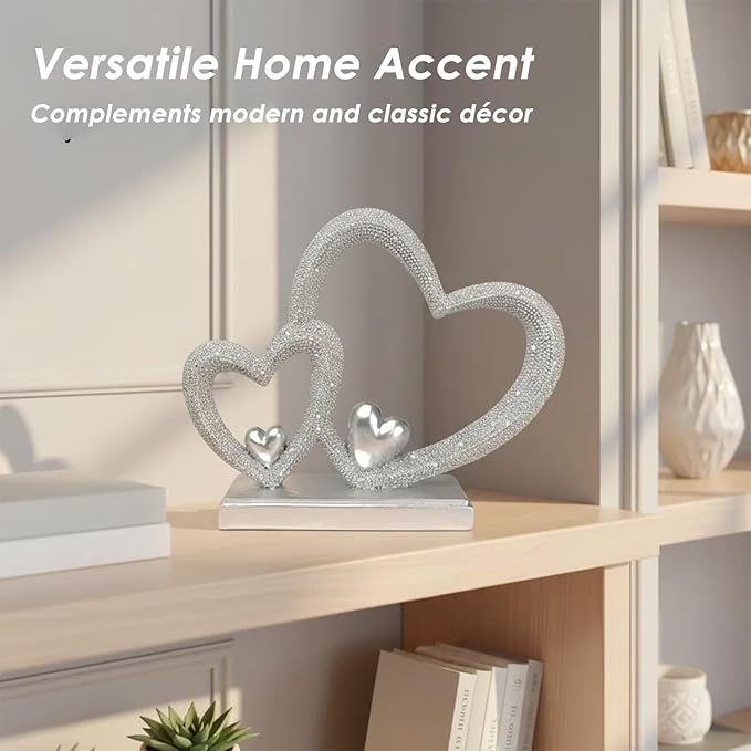 Double Heart Sculpture Valentine’s Day Statue, Faux Beaded Texture with Gold Accents, 7.9" Silver Romantic Decor for Shelf, Mantel, Bedroom, Wedding, for Her
