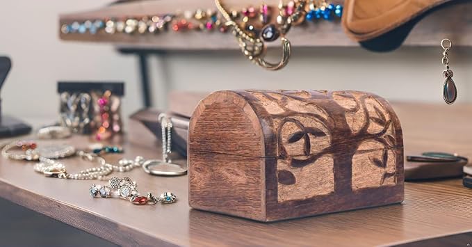 Great Birthday Gift Ideas Handmade Decorative Wooden Jewelry Box With Tree of Life Carvings Jewelry Organizer Keepsake Box Treasure Chest Trinket Holder Watch Box Storage Lock Box (Natural Finish)