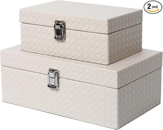 Faux Leather Decorative Jewelry Storage Organizer Boxes Set of 2, Apricot White