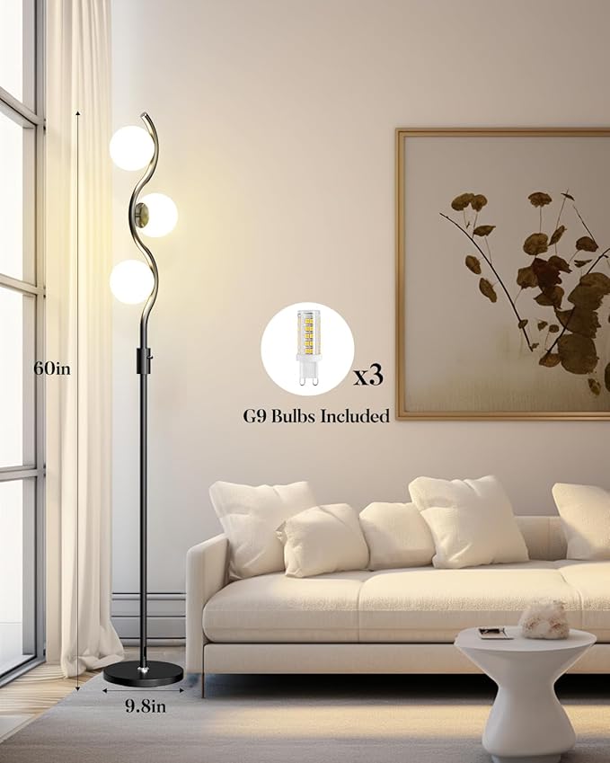 ACOHOOK Dimmable Globe Floor Lamp Black Standing Lamps with 3 Soft Warm White 3000K Bulbs, Mid Century Modern Floor Lamp for Living Room Bedroom Home Decor