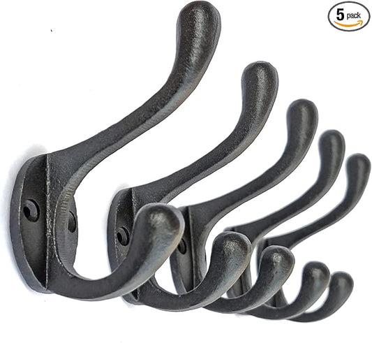 Ambipolar 5 Pack Decorative Cast Iron Heavy Duty Double Hooks, Wall Mounted Coat Hooks, Vintage Inspired (Antique Black) (Cornish Hook)