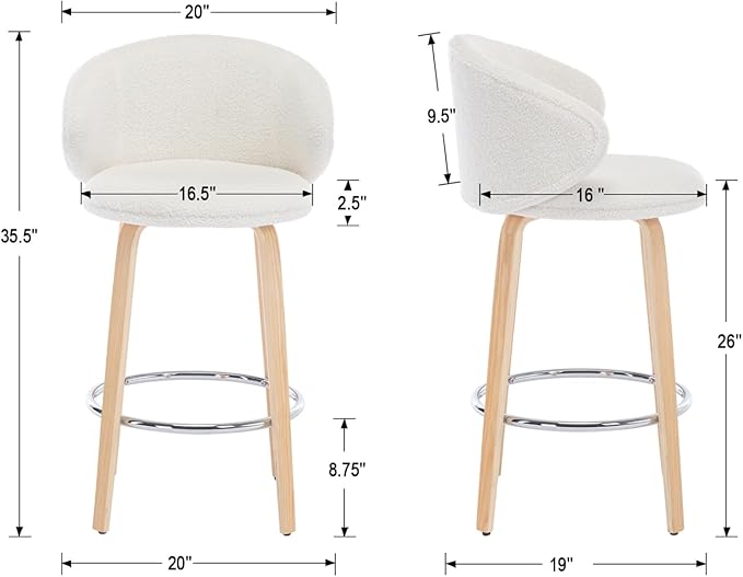 LukeAlon Modern Single Sherpa Counter Stool, Upholstered 26" Seat Height Low Bar Stools with Wood Legs Armless Counter Height Bar Chairs with Footrest for Kitchen Dining Room, Fur White