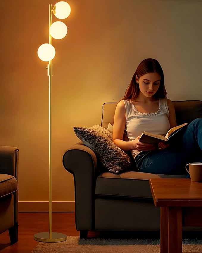 Lightdot 64IN Dimmable Globe Floor Lamp, Gold Standing Lamps with 3pcs 3000K G9 Bulbs Soft Warm White Eye Care, Mid Century Floor Lamp for Living Room