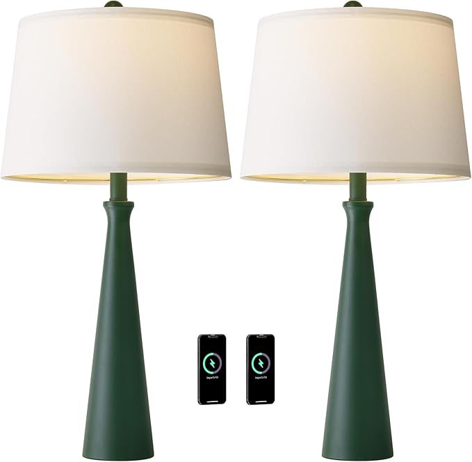 Oneach 25.75" Green Table Lamp Set of 2, Bedside Lamps with USB Ports, Modern Nightstand Lamps Set for Living Room Bedroom House Bedside Home Office Family