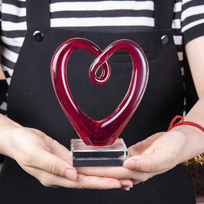 QFkris 5'' Tall Art Glass Red Heart Sculpture Centerpiece Party Home Decoration Glass Art Style Red Abstract Table Decor Valentines Day Gifts