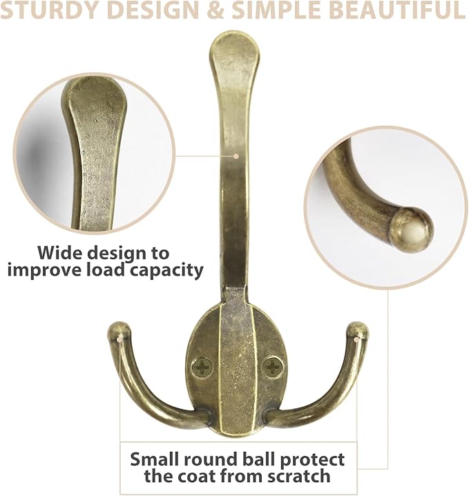 20 Pack Coat Hooks Heavy Duty, Metal Three Prongs Large Coat Hooks Wall Mounted with 40 Screws, No Rust Antique Brass Rustic Wall Hooks for Hanging Towel, Coat, Scarf, Bag, Hat, Cup, Key