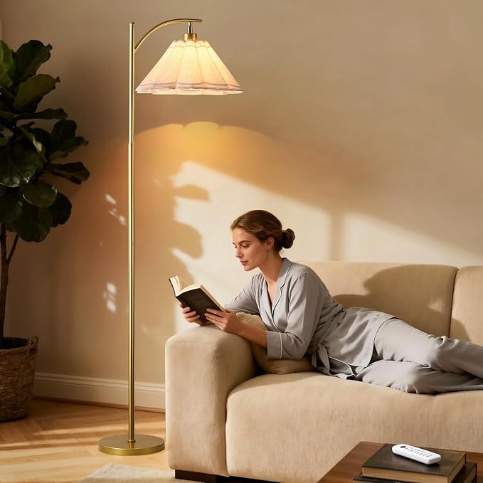 Omlaamy Floor Lamp with Pleated Linen Lampshade, Modern Flower Floor Lamp for Living Room Arc Standing Lamp, Gold Tall Lamp for Bedroom Office Dining Room, Bulb Included (Gold + Flax Color, 66.14IN)