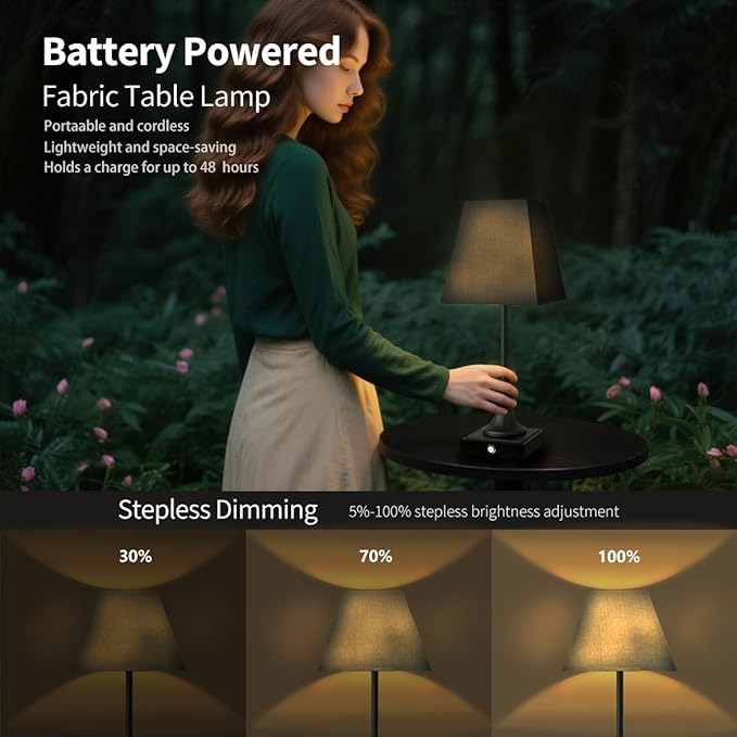 Rechargeable LED Table Lamps with Stepless Touch Control,Black Cordless Lamp for Living Room&Bedside&Patio&Shower,Small Desk Lamp(6000mAH Battery),2 Pack for Home Decor,Best Gifts for Family