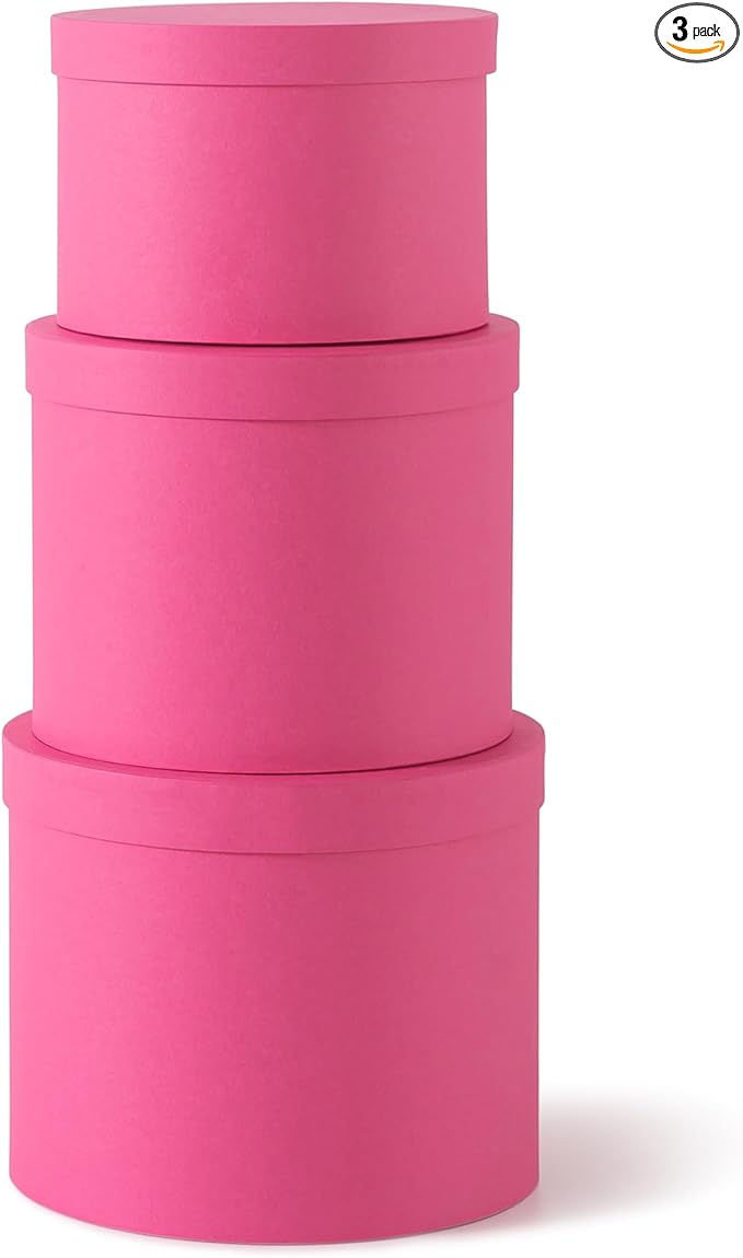 Soul & Lane Round Boxes for Flower Arrangements - Set of 3 - Pink, Cardboard Gift Boxes with Lids, Nesting Floral Circle Storage Containers for Presents and Flowers