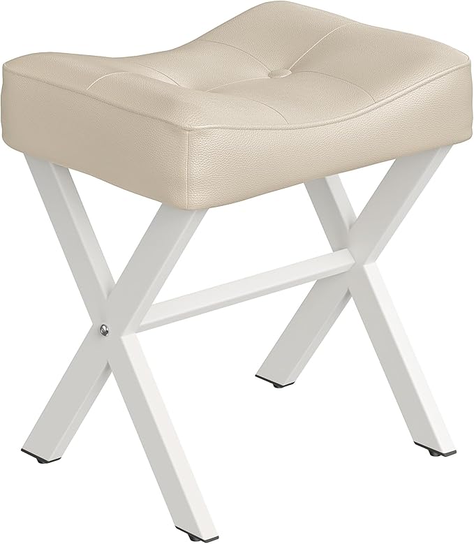 18-Inch Leather Vanity Stool Chair, Vanity Bench with Metal X-Leg, Ottoman Accent Stool with Thick Padded Saddle Seat, Beige