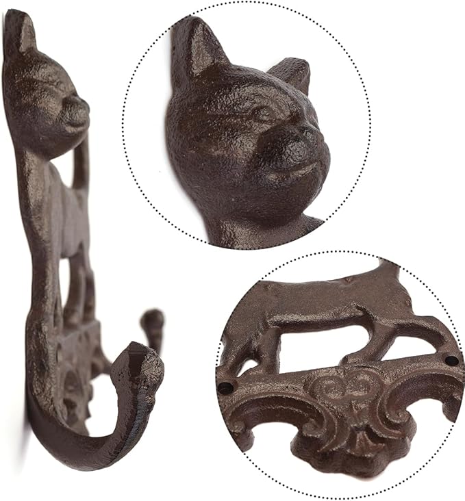 Set of 2 Cast Iron Vintage Dog Wall Hook Decorative Wall Mounted Coat Hooks Rustic Heavy Duty Cute Animal Key Hangers for Dog Leashes, Towels, Hats(Cats)