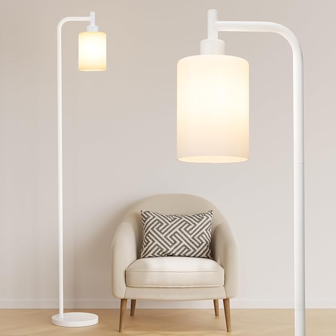 Ziisee Floor Lamps for Living Room - Industrial Standing Lamp with Glass Shade, Modern White Floor Lamp with LED Bulbs, Farmhouse Floor Lamp for Bedroom, Tall Lamp for Office - White