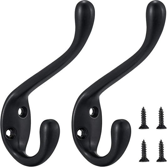 Coat Hooks 5 Pack - Heavy Duty Wall Mounted Two Prongs Double Hooks Matte Black Door Hooks for Hanging Clothes/Towels - Sturdiness Design with Better Mounting System