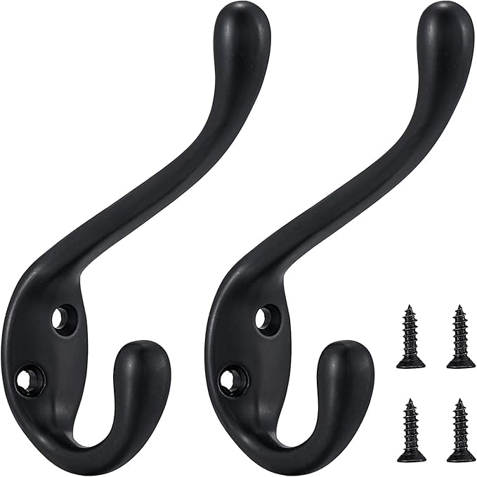 Coat Hooks 10 Pack - Heavy Duty Wall Mounted Matte Black Double Hooks for Hanging Clothes/Towels - Sturdiness Design with Better Mounting System