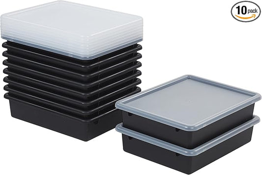 ECR4Kids Letter Size Tray with Lid, Storage Bin, Black, 10-Piece
