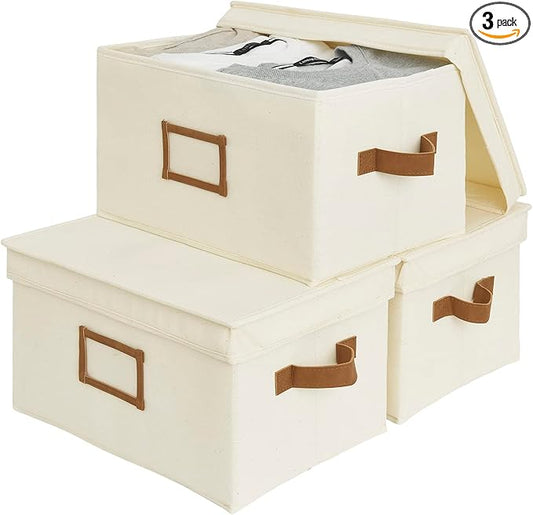 StorageWorks Storage Basket with Lid, Decorative Storage Boxes with PU Handles, Stackable Fabric Storage Bins for Closet, Shelves, Ivory, Large, 3-Pack