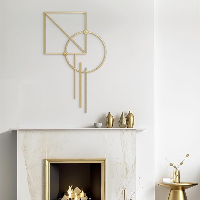 SIGNLEADER Metal Wall Decor Rectangle Circle Linear Minimalist Modern Luxury Wall Sculpture Hangings 3D Statue Home Decoration for Living Room, Bedroom, Bathroom, Kitchen, Fireplace, Office - 18" Gold