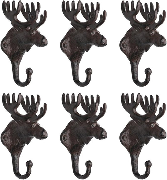 BRASSTAR Vintage 6PCS Cast Iron Deer Head Antlers Wall Hooks/Hanger - Living Room Bathroom Room Kitchen Wall Decoration Coat Hooks Rustic PTZY226-06