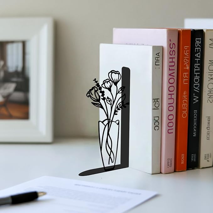 4 Pcs Floral Metal Bookends - Flowers Book Ends for Shelves Decorative, Home Office Desk Bookshelf Decor, Gift for Floral Lovers and Reading Enthusiasts, Reading Gifts for Women