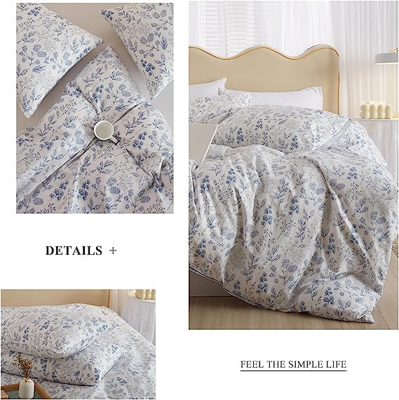 Cotton Floral Duvet Cover Full White Blue Floral Print Full Bedding Sets Vintage Boho Flower Comforter Cover Aesthetic Bedding Botanical Duvet Cover Cottagecore Comforter Cover with Zipper Closure