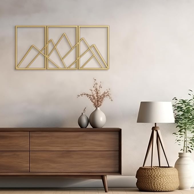 SIGNLEADER Metal Wall Decor Triangle Mountains Line Minimalist Modern Luxury Wall Sculpture Hangings 3D Statue Home Decoration for Living Room, Bedroom, Bathroom, Kitchen, Fireplace, Office - 24" Gold