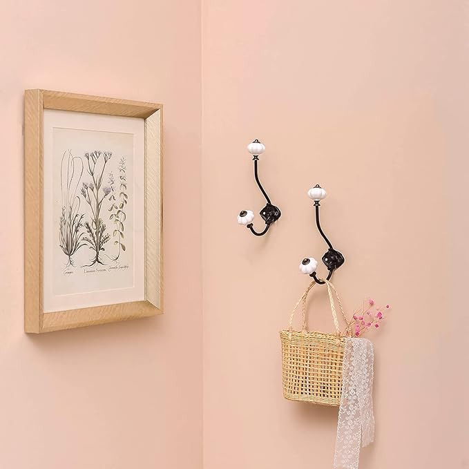 NIKKY HOME Wall Hooks Decorative 2 Pack Hanging Rustic Vintage Pumpkin Metal Iron Ceramic Antique Mounted Wall Hook for Towels Coat Bag Scarf Cap Hat Key for Farmhouse Mudroom Closet Bathroom, White