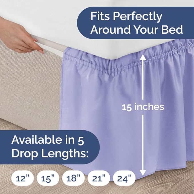 Wrap Around Dust Ruffle Bed Skirt - Lavender - for King Size Beds with 15 Inch Drop - Easy Fit Elastic Strap - Adjustable Pleated Bedskirt w/Brushed Fabric Wrinkle Free - for Women, Men, Kids & Teens