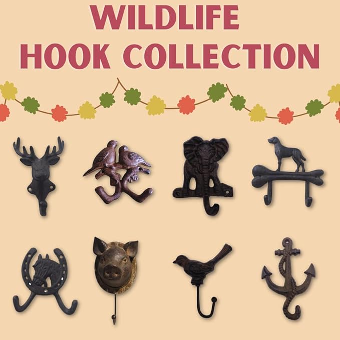 Comfy Hour Antique and Vintage Animal Collection Cast Iron Double Birds Two Key Coat Hooks Wall Hanger Clothes Rail Set, Heavy Duty, Rustic Recycled