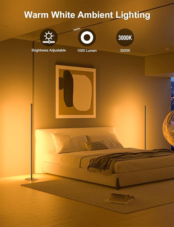 Corner Floor Lamp, Upgraded Corner Lamp APP and Remote Control, 16 Million Colors and Warm White, Music Sync, Timing Function, Color Changing Ambient Light for Living Room Bedroom Gaming