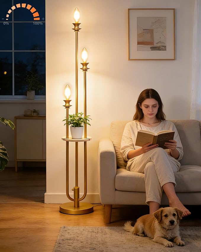 Lightdot Gold Dimmable Floor Lamp with Table, Modern Floor Lamps for Living Room, 3000K Warm Lights Tall Standing Lamp with Candle Bulb for Bedroom/Home Office