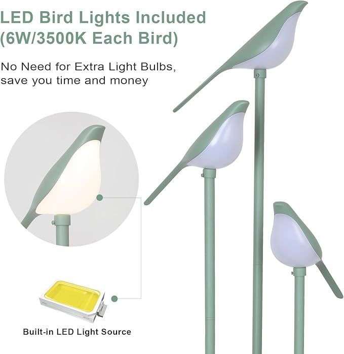 Artmooy Bird Floor Lamp for Bedroom, Green Standing Lamps for Living Room, Corner Tall Lamp with Table, 3-Lights Vintage Floor Lamp, Modern Stand Up Lamp for Office, Girls Room, Unique Bird Lamps